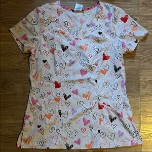 HeartSoul Women's Scrub Top in White with Red, Pink, Orange and Black Hearts